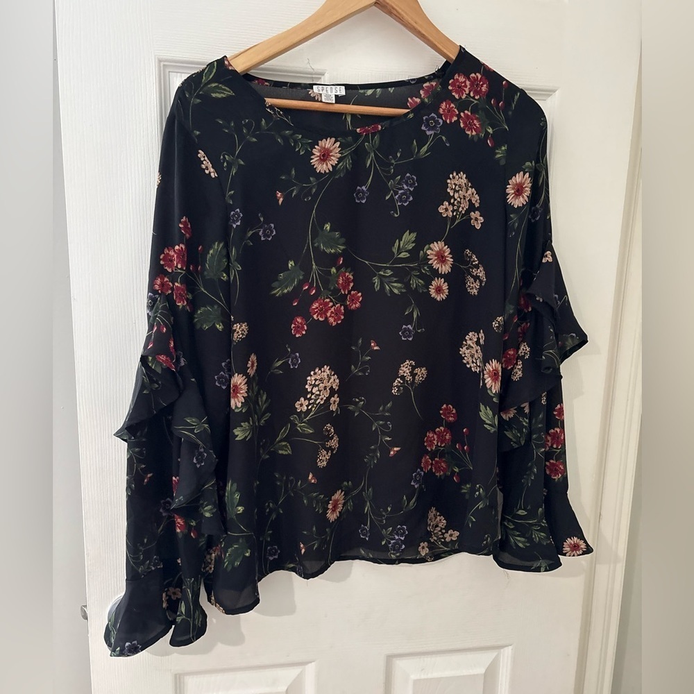 Spense black floral sheer long sleeve ruffle top size large